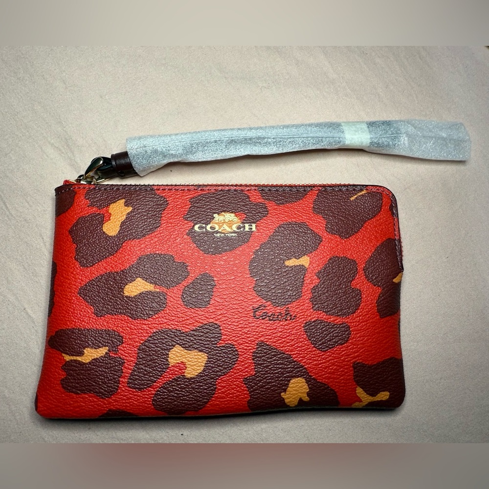Coach Red and Brown Leopard Print Wristlet